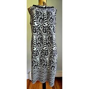 Talbots Black White Paisley Pompom 100% Cotton Sleeveless Dress, Sz L